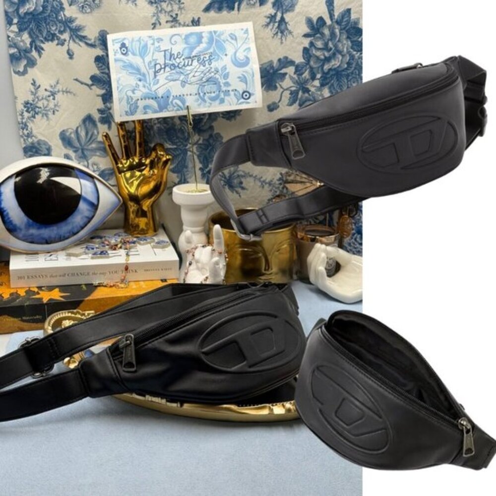 🆕 DIESEL 🧿 NWOT Black Koinbe Embossed-Logo Belt Bag, Black PU Vegan Leather